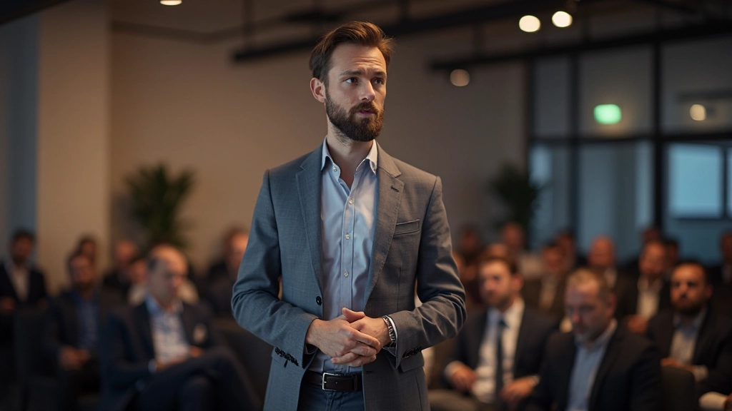 Man die een presentatie geeft voor een groep luisteraars