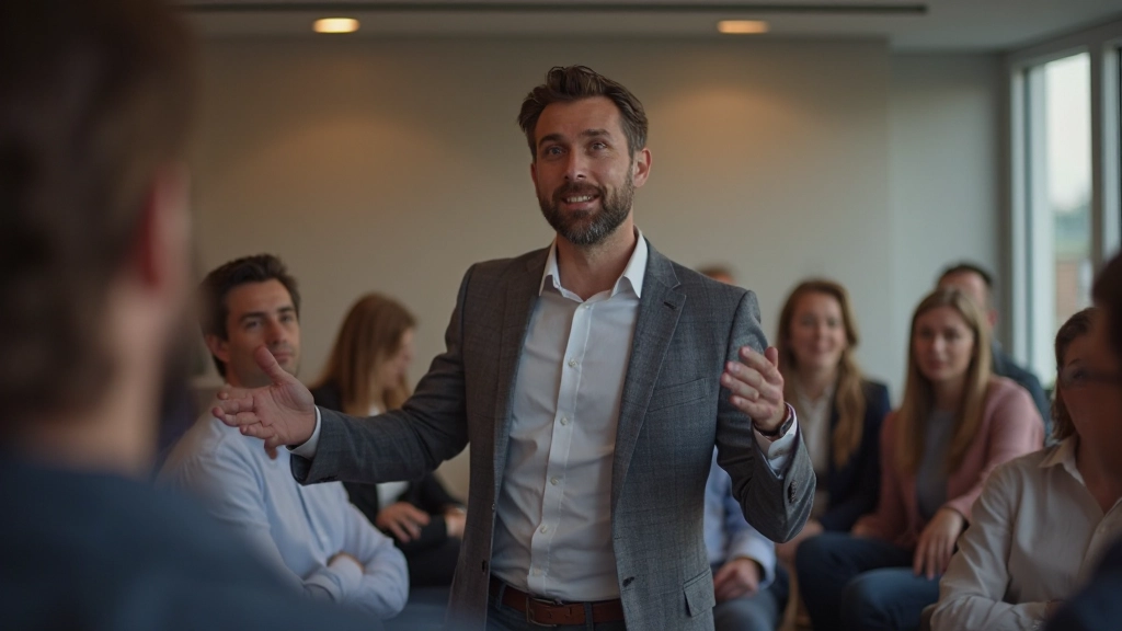 Presentator die vertrouwde interactie met publiek heeft en feedback ontvangt