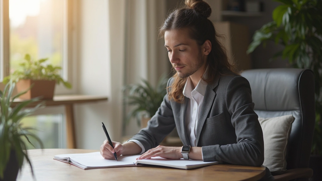 Persoon zit aan een bureau en schrijft aantekeningen in een notitieboek, omgeven door inspiratiematerialen
