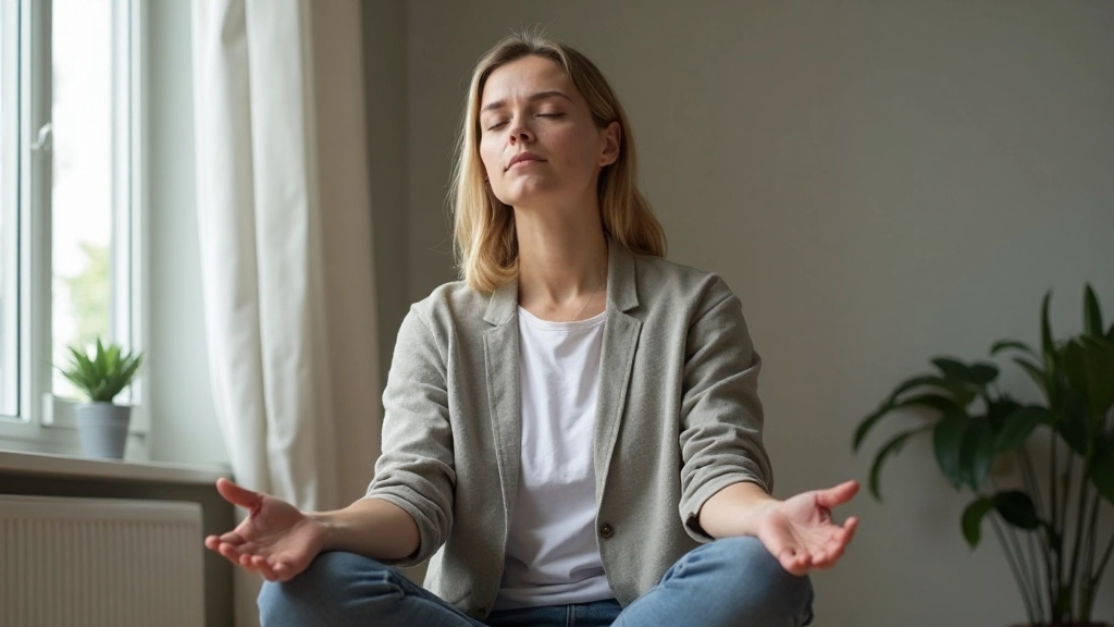 Persoon die ademhalingsoefeningen doet om zenuwen te kalmeren voor een presentatie