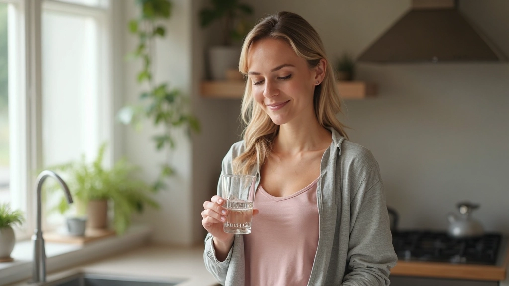 Persoon die 's ochtends water drinkt in de keuken, bewuste zelfzorg ritueel